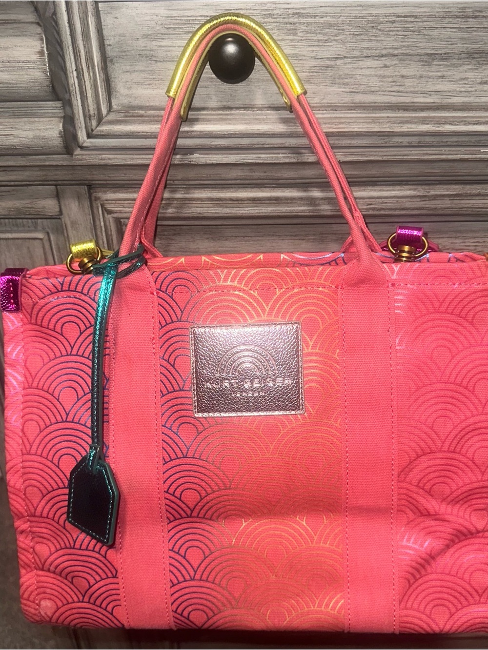 Kurt Geiger Coral to Pink Ombre Tote with Teal Tag